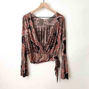 Free People Bohemian Chic Long Bell Sleeve Side Tie V-Neck Top Size XS